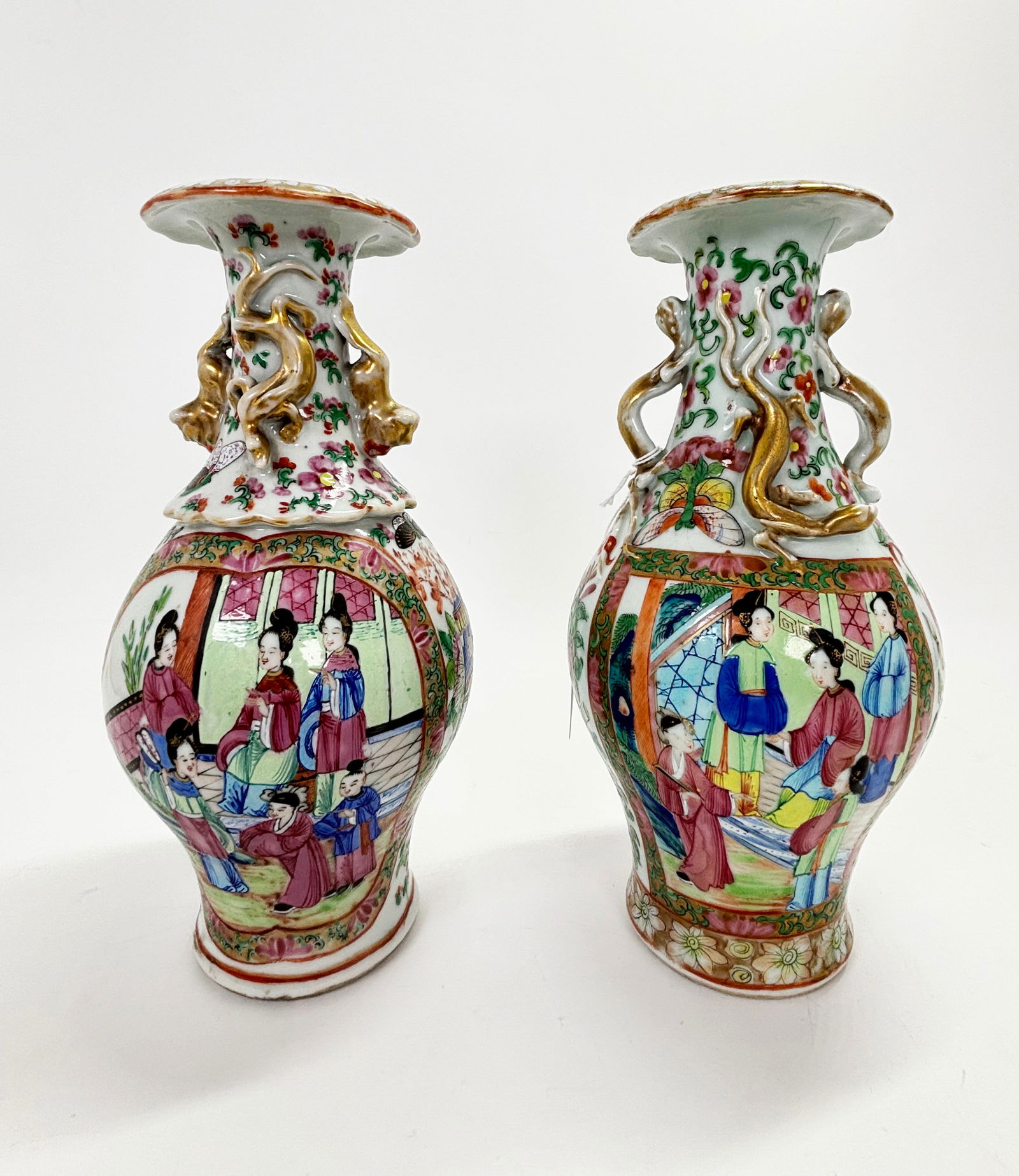 Near-Pr Chinese 19th C Porcelain Small Vases: Near-Pair Chinese 19th Century Porcelain Small Vases similarly shaped with everted scallop edge to mouth and each with a shaped window front & back with Mandarin Figures in Domestic Settings, both wit