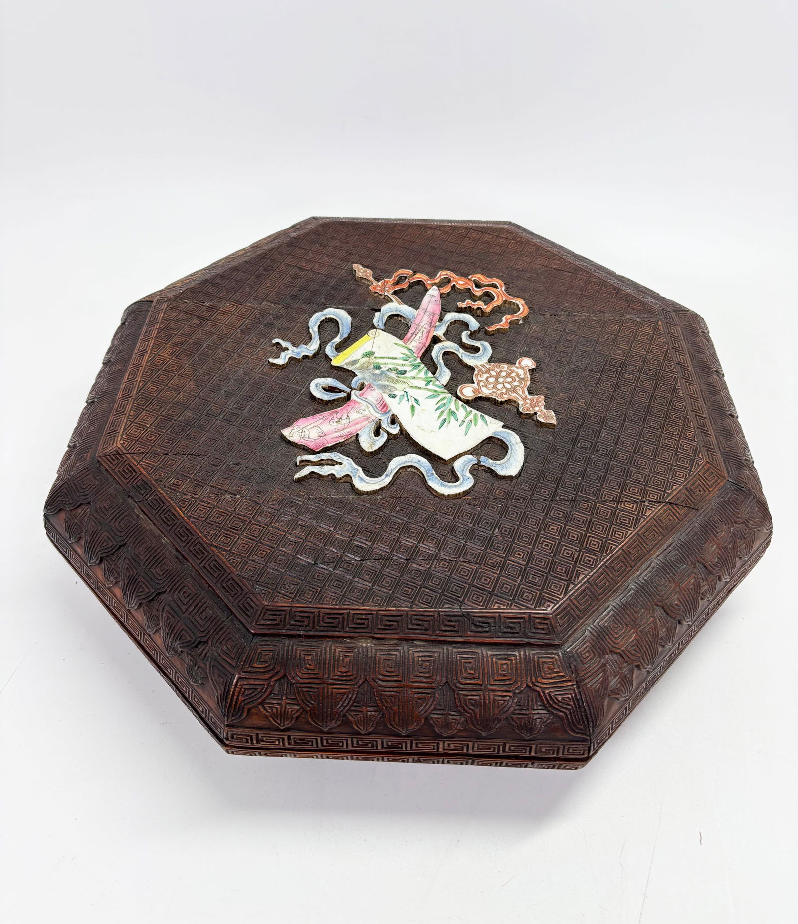Chinese Hard Wood Octagon Box Porcelain Inlay (1 of 6)