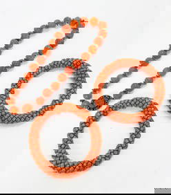 Chinese 19th C Carnelian Necklace; 2 Coral Bangles (1 of 6)