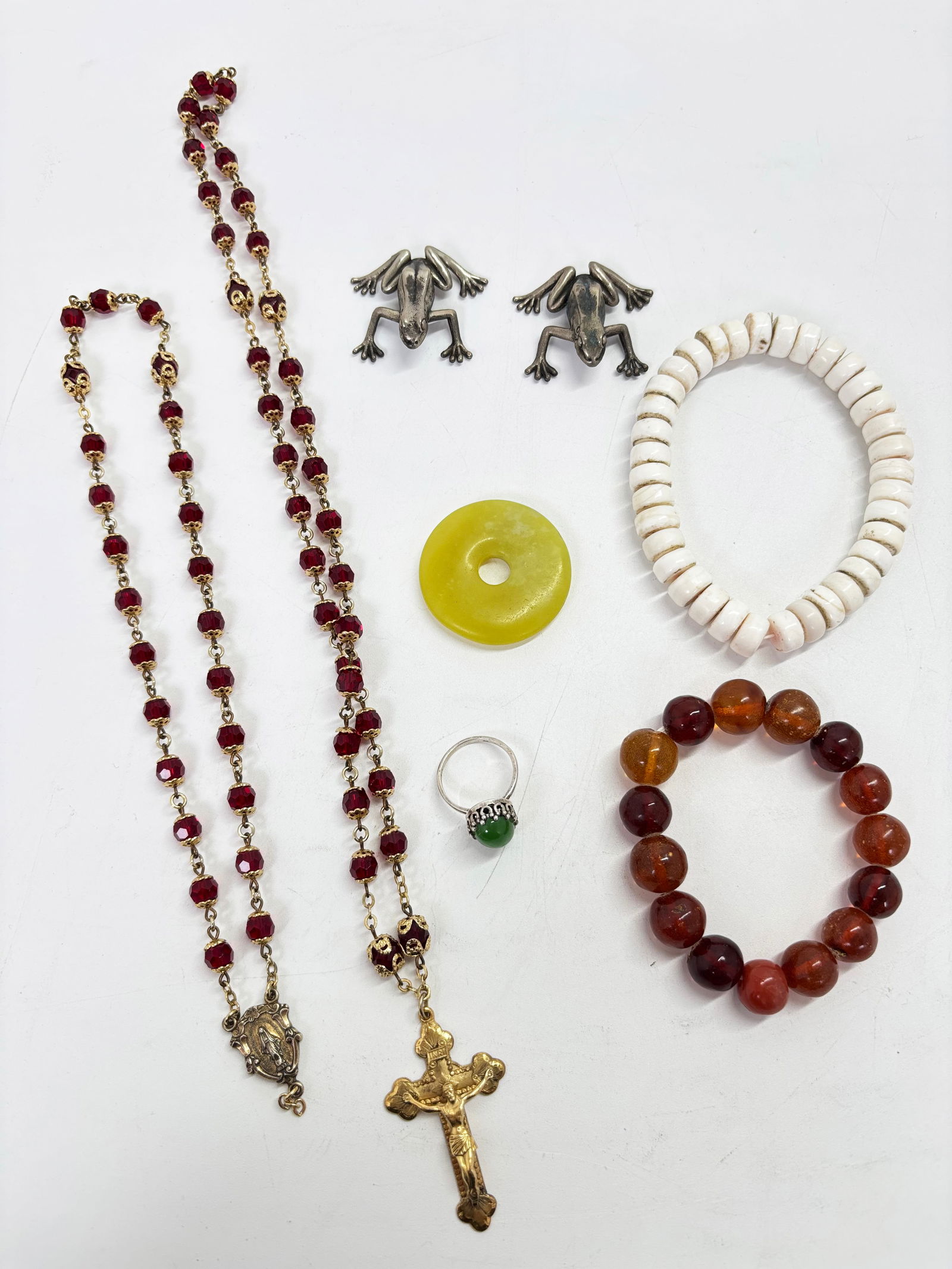 8 Piece Jewelry Lot: Amber, Shell, Jadeite,Silver (1 of 8)