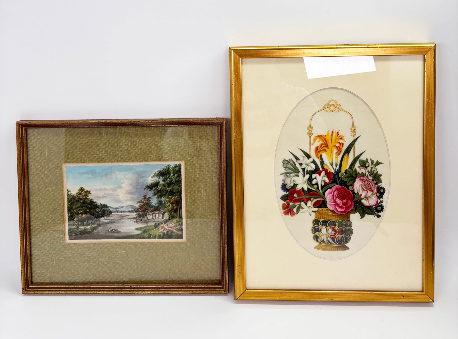 Chinese 19th C Oval Pith Painting; Flower Basket (1 of 8)