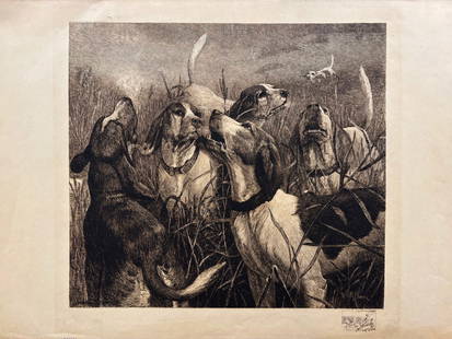Henry Rankin Poore; Fox Hunting Dogs, Etching 1888: After Henry Rankin Poore (Pennsylvania/Connecticut; 1859-1940) engraved by Clarence Augustus Worrall and signed by both within the art, Untitled (Fox Hunting dogs), copyright 1888 by Klackner & Co, wi
