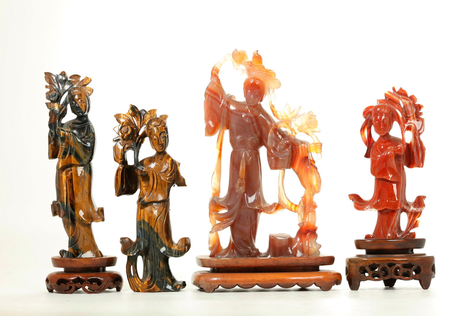 4 Chinese Ladies: Carnelian Agate & Tiger Eye