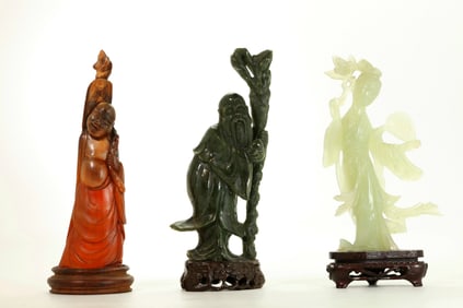 Chinese Green Jade Shoulao Dancing Lady Horn Budai