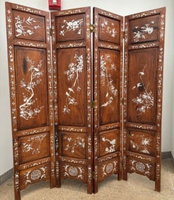 Chinese 4 Panel Inlaid Hard Wood Folding Screen