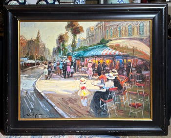 Lg European Sidewalk Cafe Scene; Oil Canvas Framed