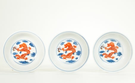 3 Chinese Dragon & Cloud Porcelain Small Plates