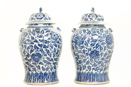 Pr Chinese 19 C Blue White Porcelain Temple Jars