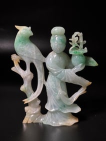 Chinese Pale Celadon to Green Jadeite Bird & Lady