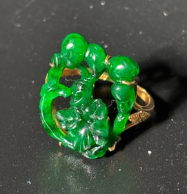 GIA Chinese Qing Carved Green Jadeite 18K Gold Ring