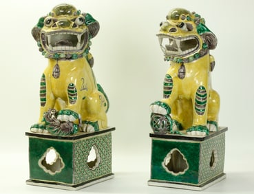 Pr 19th Century Chinese Yellow Porcelain Fu Dogs