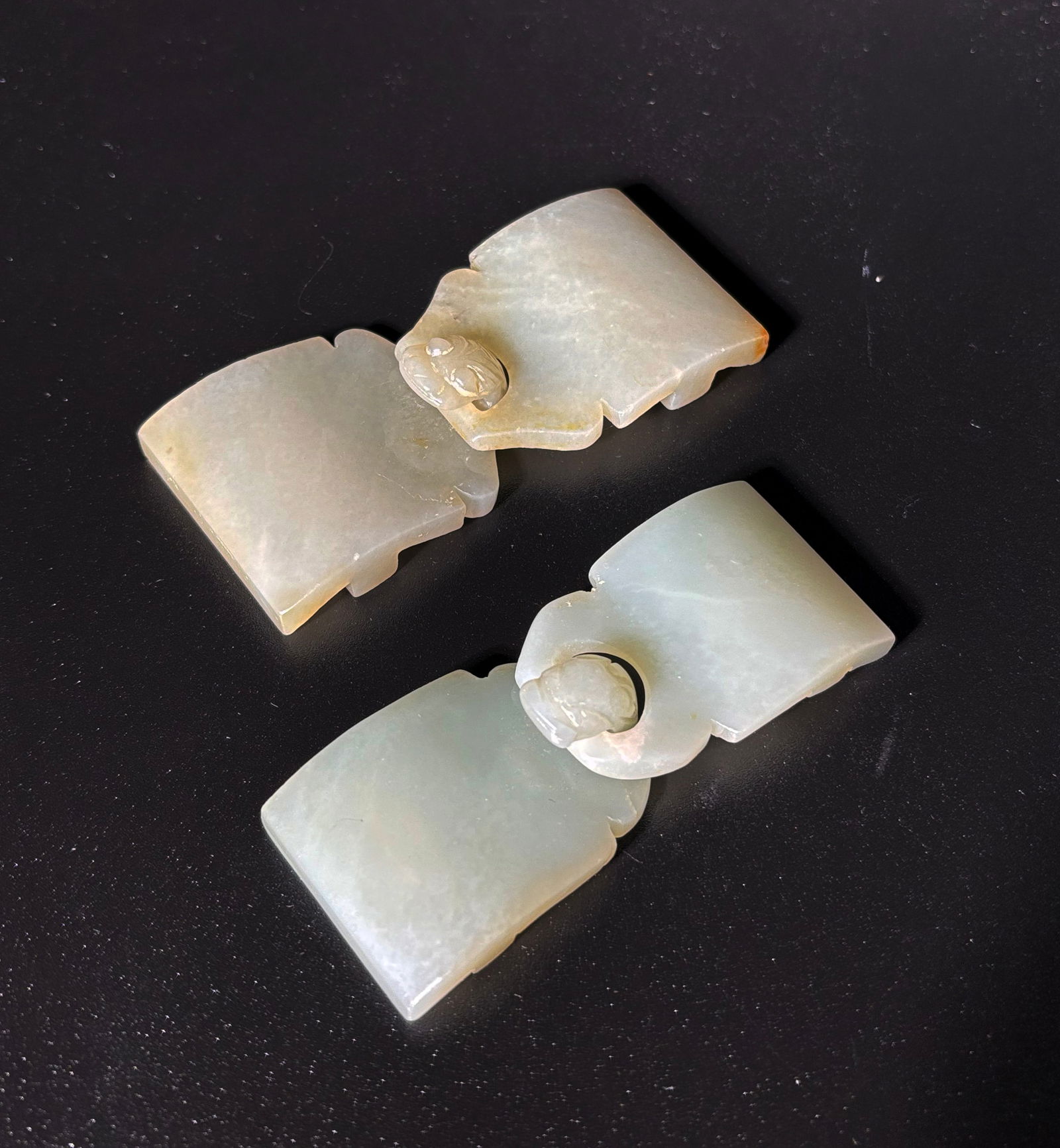 2 Chinese 18/19 C Pale Celadon Jade Dragon Buckles: 2 Similar Chinese 18th or 19th Century Pale Celadon Jade 2 Part Dragon Buckles, each with undecorated and polished curved rectangles, one side with "D" shaped opening and the other with a small Dragon