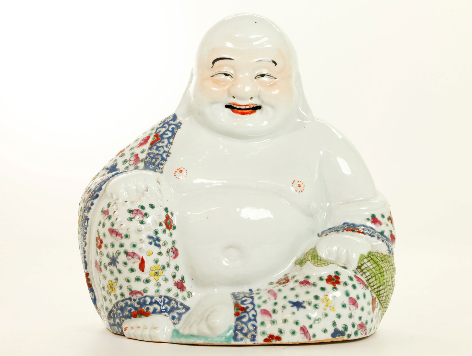 Chinese Enameled Porcelain Seated Budai Buddha: Chinese Enameled Porcelain Seated Budai Buddha with sack and rosary and small flower design to his robes; unglazed flat base with impressed mark. Height 9 3/4 inches (24.7 cm.).