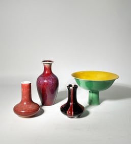 4 Chinese Porcelains: Green Yellow Bowl 3 Vases