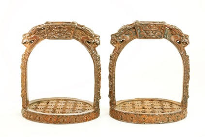Fine Pr Chinese 18th C Cast Iron Dragon Stirrups