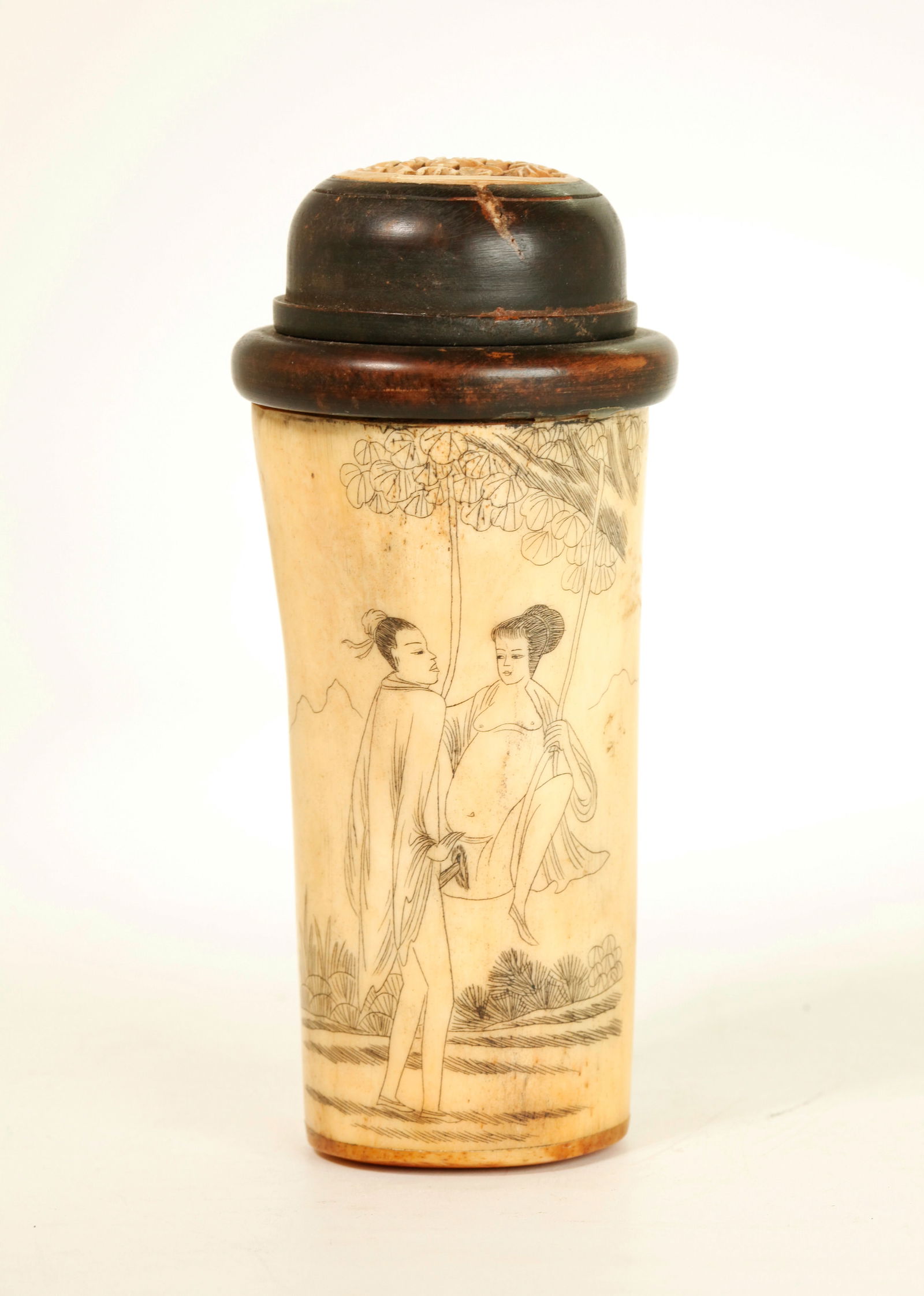 Chinese Erotic Incised Cow Bone Cricket Cage: Chinese Erotic Incised & Ink Filled design on Cow Bone forming a Cricket Cage with a Man with Lady on a Swing to one side, the reverse with 2 Ladies and a Man in an interior, bone base, the top with w
