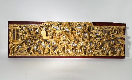 Chinese Gilt Lacquered Wood Horizontal Hunt Panel