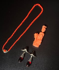 Victorian Old Mine & Red Drop Earrings; 2 Corals
