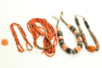4 Ethnic Coral Amber Metal Necklaces 1 Oval Coral