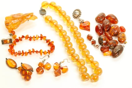 Group Assorted Chinese Amber Beads; Etc