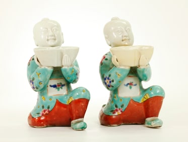 Pr Chinese Porcelain Kneeling Boy Salt Holders