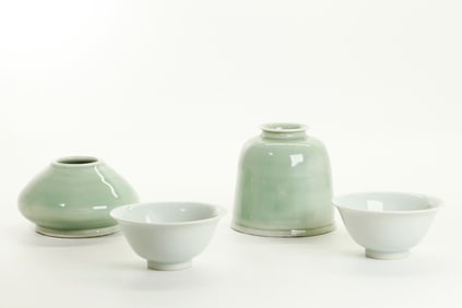2 Chinese Celadon Porcelain Water Pots; 2 Bowls