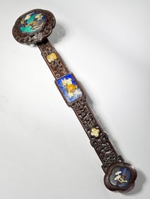 Fine Chinese Hard Stone Inlaid Wood Ruyi Scepter