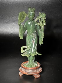 Well Carved Chinese Green Jade Standing Lady