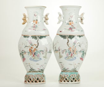 Pr Chinese 19th C Enameled Porcelain Wall Vases
