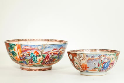 2 Chinese Export Porcelain Mandarin Punch Bowls