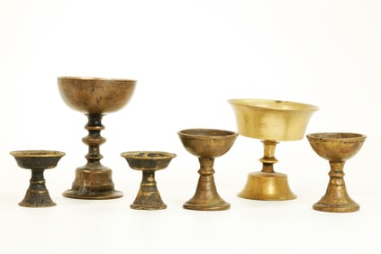 6 Tibetan Bronze Ghee Butter Lamps on High Feet