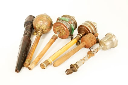 4 Tibetan Prayer Wheels Bronze Bell Phurba Handle