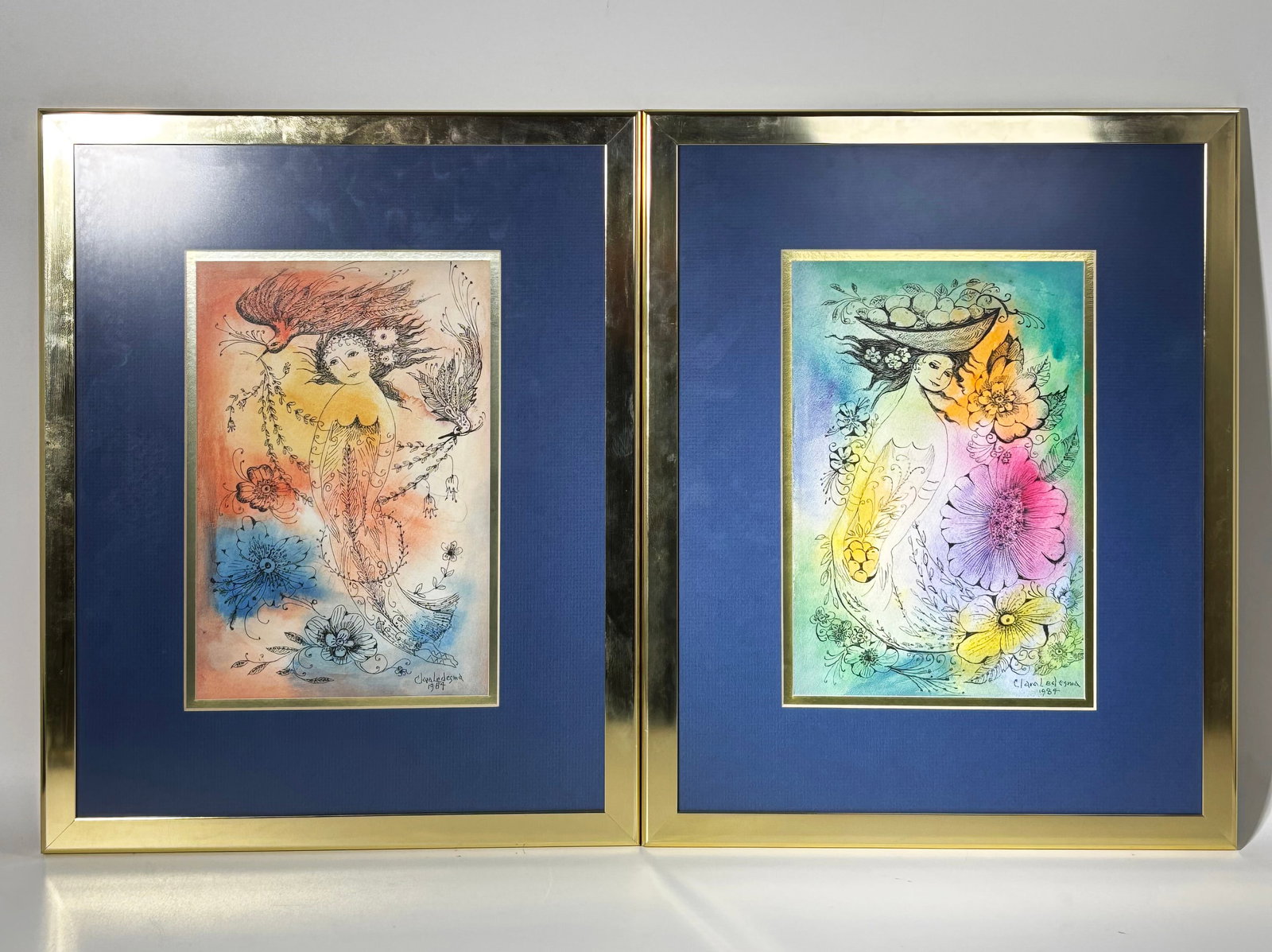 Clara Ledesma; Pair Ink Drawings over Watercolor (1 of 6)