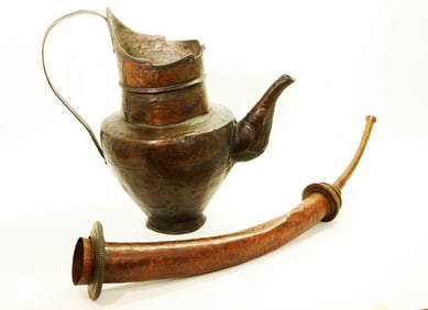 2 Tibetan 19 C Copper Monk's Cap Ewer Long Horn