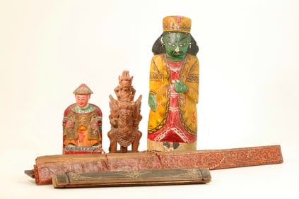 2 South East Asian Sutra Books; 3 Wood Figures