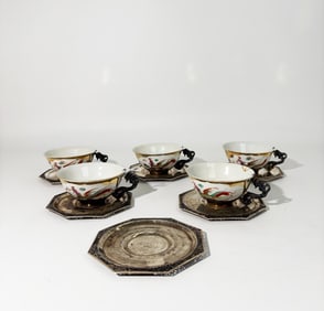 5 Vietnamese 900 Silver/Porcelain Teacups 6 Plates