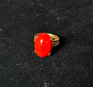 Chinese Rich Coral Cabochon Yellow 18K Gold Ring