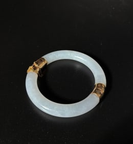 Chinese Clear White Jadeite 14K Hinged Bangle