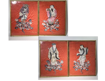 4 Chinese 19th C Embroidered Silk Immortal Panels