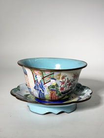 Chinese 19th C Canton Enamel Teacup & Cup Stand