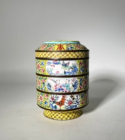Chinese 19th C Canton Enamel 3 Stacked Boxes