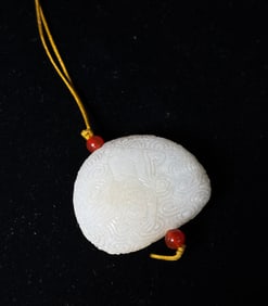 Chinese White Jade Pebble Pendant Lohans & Clouds