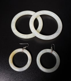 Pr Chinese White Jade Bangles & Pr Earrings