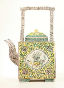 Large Chinese 4 Sided Biscuit Porcelain Teapot