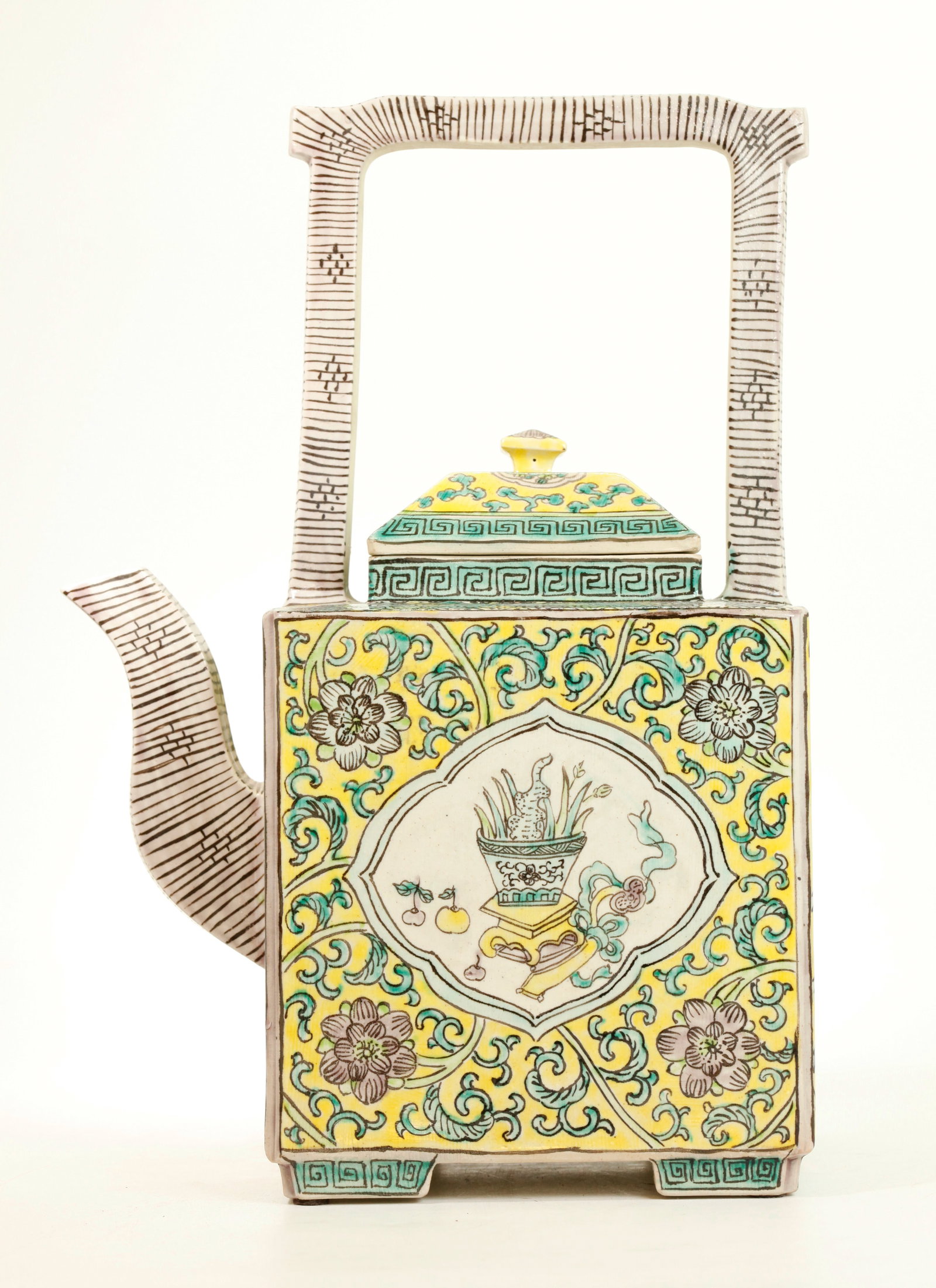 Large Chinese 4 Sided Biscuit Porcelain Teapot: Large Chinese 4 Sided Biscuit Porcelain Teapot enameled in green and aubergine on a yellow ground with overhead handle & spout striped to resemble rattan wrapping. Height with handle 12 1/4 inches (31