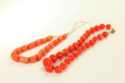 2 Chinese Coral Necklaces; Tube Beads & Carved