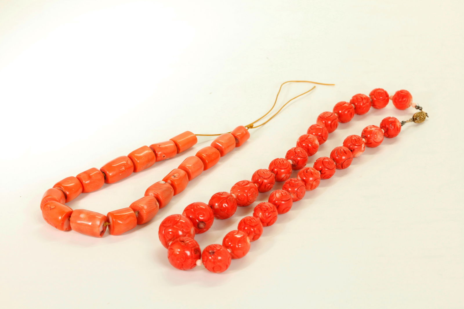 2 Chinese Coral Necklaces; Tube Beads & Carved (1 of 7)