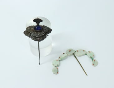 2 Chinese Qing Dynasty Metal, Jadeite Hair Pins