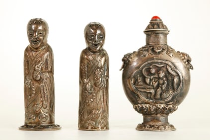 Chinese 19th C Silver Snuff Bottle 2 Lohan Salts