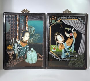Pr Chinese Reverse Paintings on Glass Framed